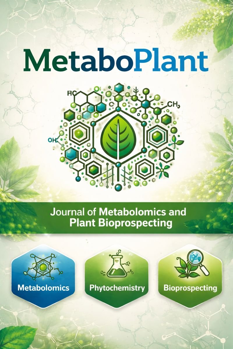 The MetaboPlant journal logo featuring a stylized green plant sprout with blue molecular nodes on the left. The text “MetaboPlant:” appears in black and blue, separated by a vertical blue line from the subtitle “Journal of Metabolomics and Plant Bioprospecting” displayed in a clean, modern font. The design represents the integration of plant science and metabolomics research.
